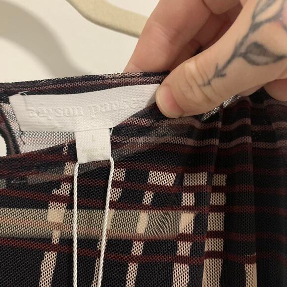 Adyson Parker Brown Sleeveless striped geometric dress sheer size large NWT - Picture 3 of 6